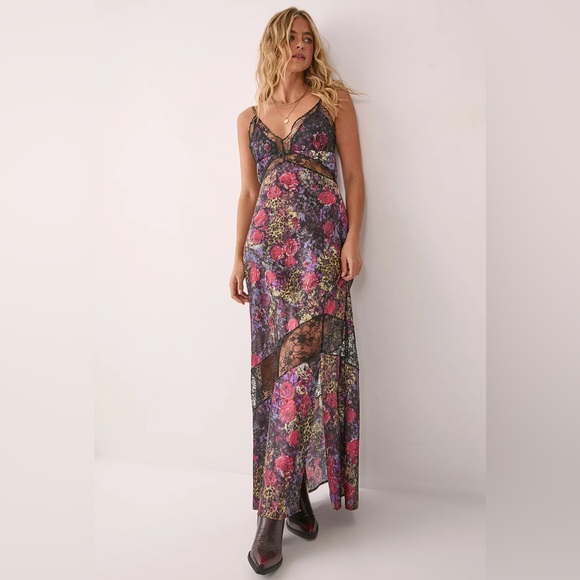 Nasty Gal Floral Lace Maxi Dress - Black and Pink - Picture 1 of 2